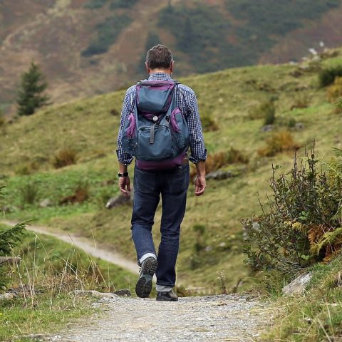 Man op een bergpad tijdens een avontuurlijke eco-reis in de natuur