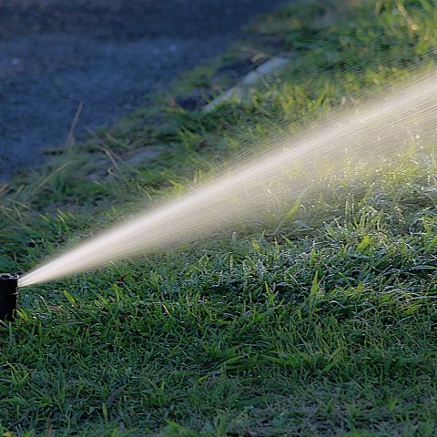 Slimme tuinsensoren en irrigatiesysteem in een groene achtertuin